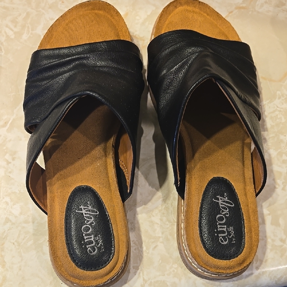 Black Leather Slip-On Sandals with Crisscross Straps